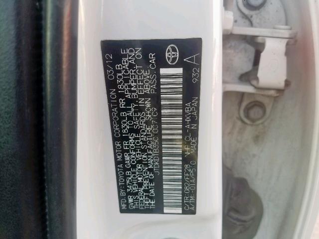 JTDKDTB35C1007109 - 2012 TOYOTA PRIUS C WHITE photo 10