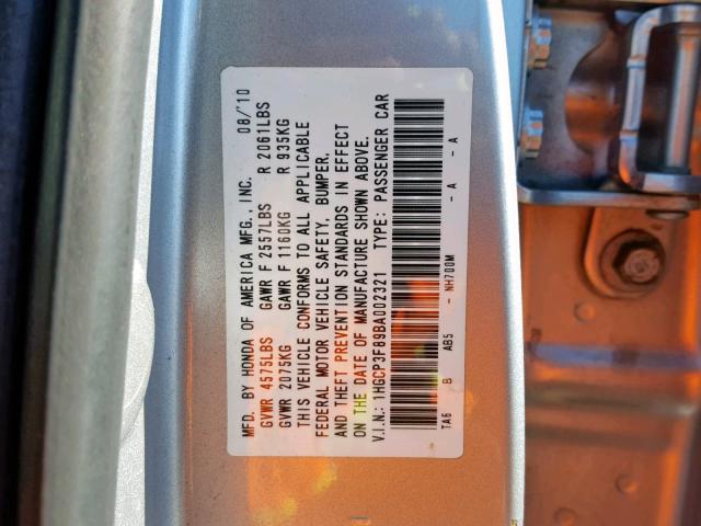 1HGCP3F89BA002321 - 2011 HONDA ACCORD EXL SILVER photo 10