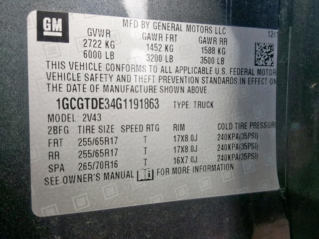 1GCGTDE34G1191863 - 2016 CHEVROLET COLORADO Z GRAY photo 10