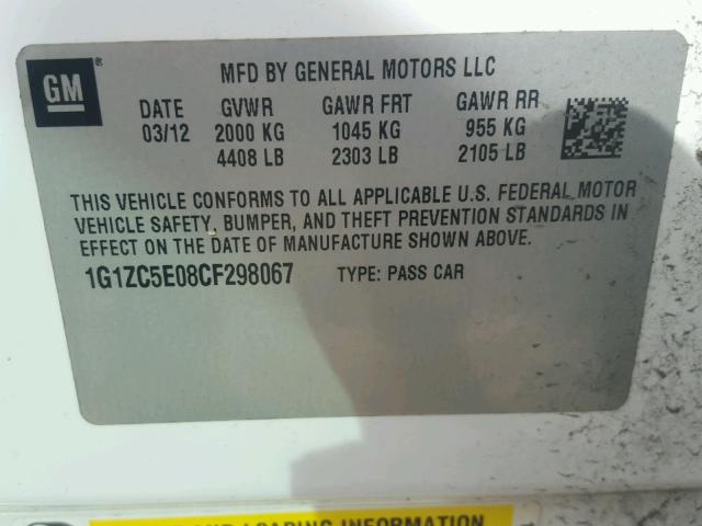 1G1ZC5E08CF298067 - 2012 CHEVROLET MALIBU 1LT WHITE photo 10