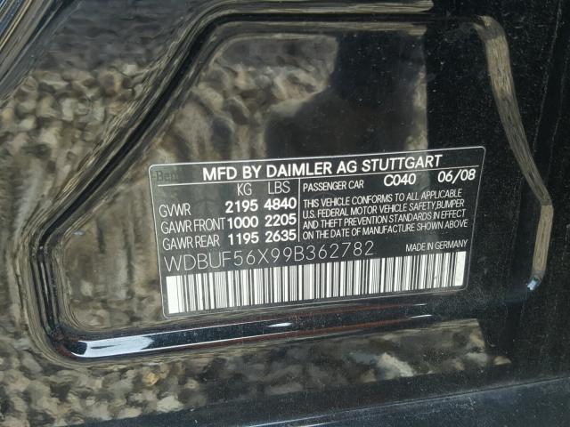 WDBUF56X99B362782 - 2009 MERCEDES-BENZ E 350 BLACK photo 10