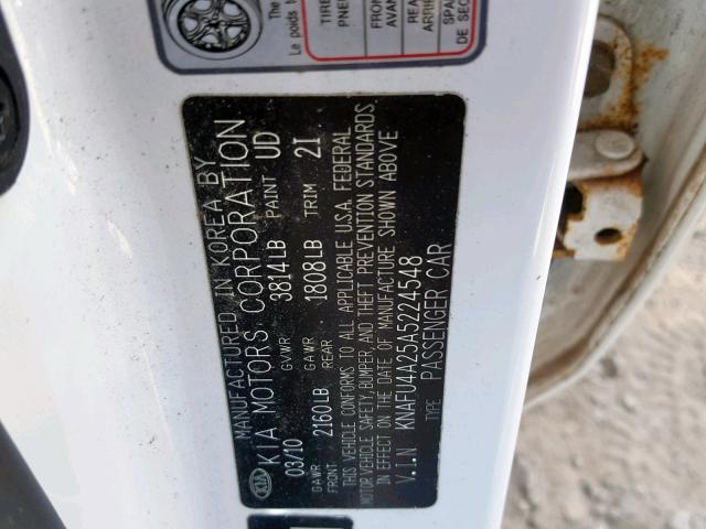 KNAFU4A25A5224548 - 2010 KIA FORTE EX WHITE photo 10