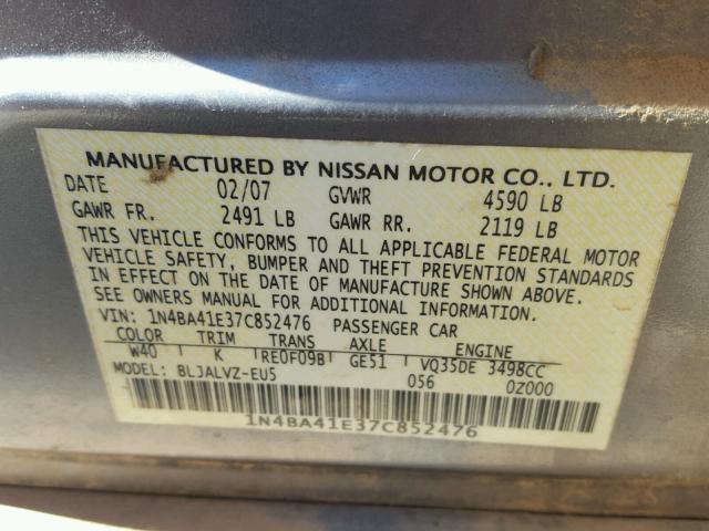 1N4BA41E37C852476 - 2007 NISSAN MAXIMA SE SILVER photo 10