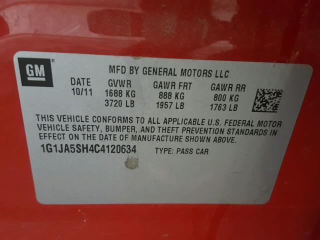 1G1JA5SH4C4120634 - 2012 CHEVROLET SONIC LS 红色 照片 10