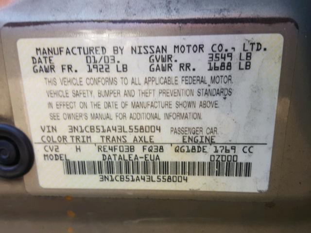 3N1CB51A43L558004 - 2003 NISSAN SENTRA GXE TAN photo 10