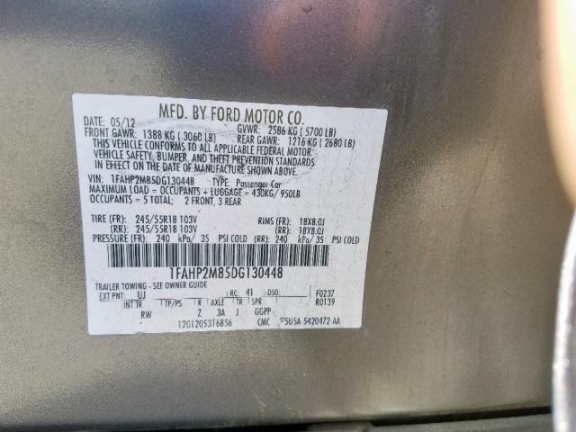 1FAHP2M85DG130448 - 2013 FORD TAURUS POL GRAY photo 10