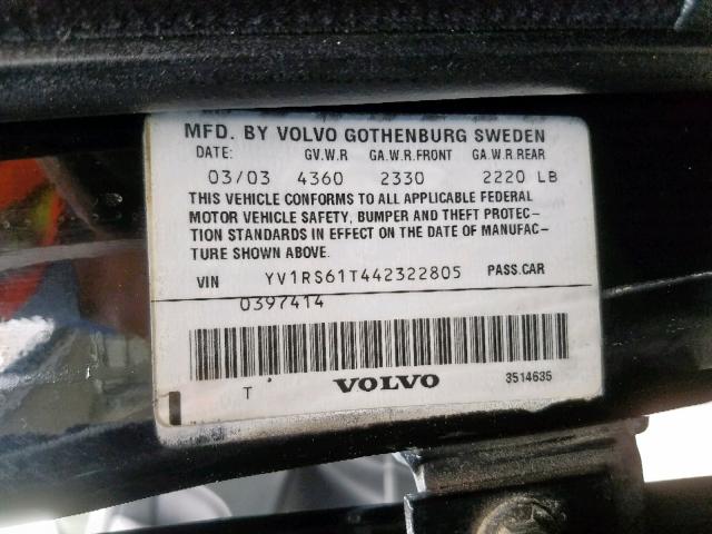 YV1RS61T442322805 - 2004 VOLVO S60 BLACK photo 10