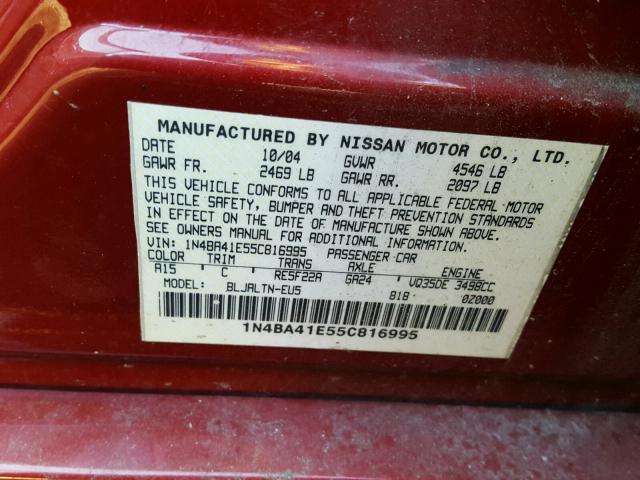 1N4BA41E55C816995 - 2005 NISSAN MAXIMA SE RED photo 10