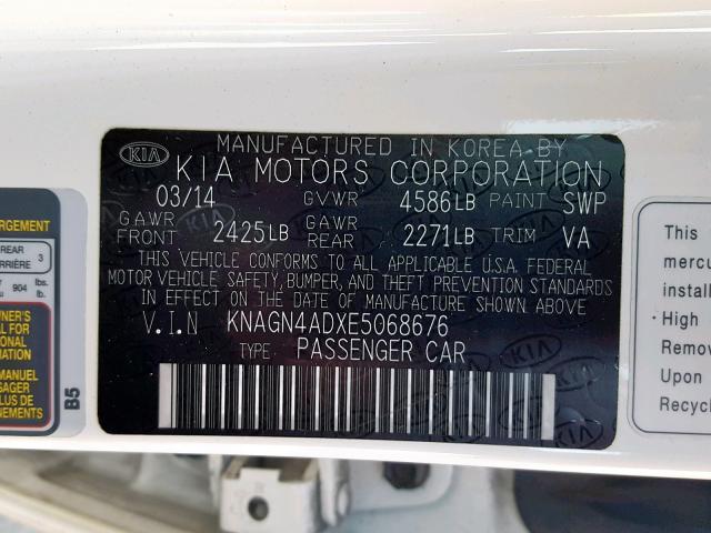 KNAGN4ADXE5068676 - 2014 KIA OPTIMA HYB WHITE photo 10