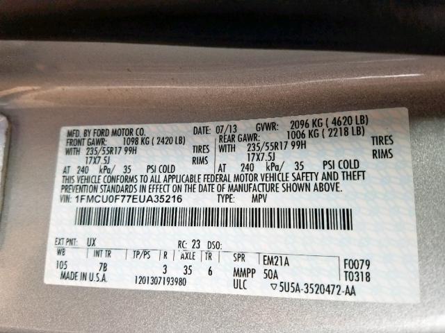 1FMCU0F77EUA35216 - 2014 FORD ESCAPE S SILVER photo 10