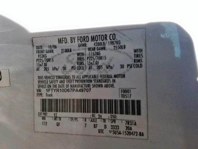 1FTYR10D67PA49707 - 2007 FORD RANGER WHITE photo 10