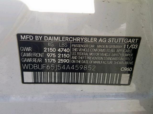 WDBUF65J54A459852 - 2004 MERCEDES-BENZ E 320 WHITE photo 10