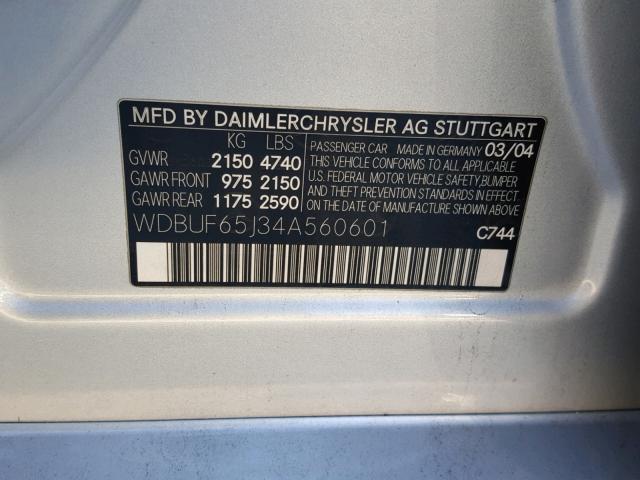 WDBUF65J34A560601 - 2004 MERCEDES-BENZ E 320 SILVER photo 10