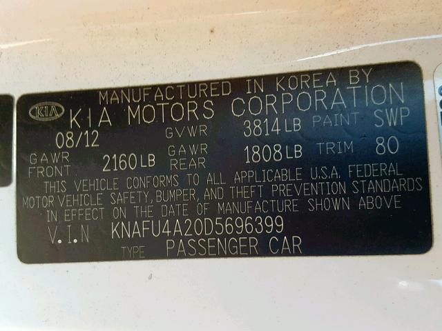 KNAFU4A20D5696399 - 2013 KIA FORTE EX WHITE photo 10