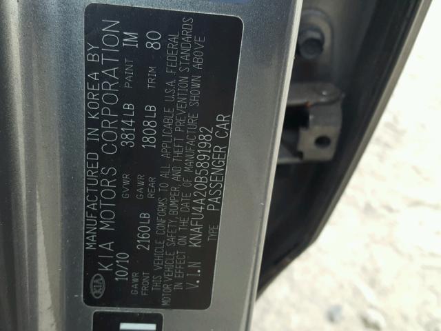 KNAFU4A20B5891982 - 2011 KIA FORTE EX GRAY photo 10