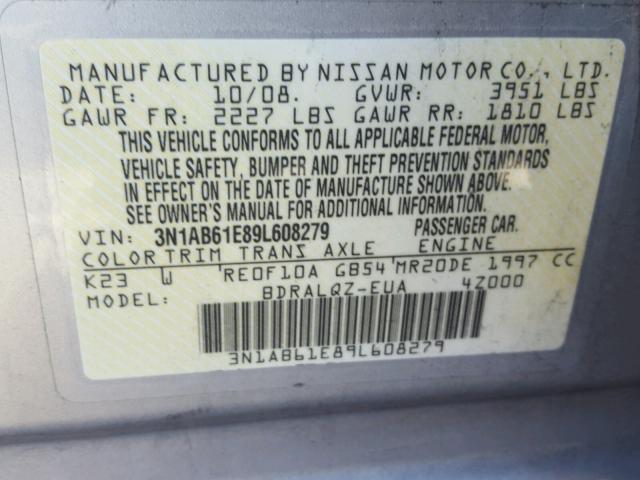 3N1AB61E89L608279 - 2009 NISSAN SENTRA 2.0 SILVER photo 10