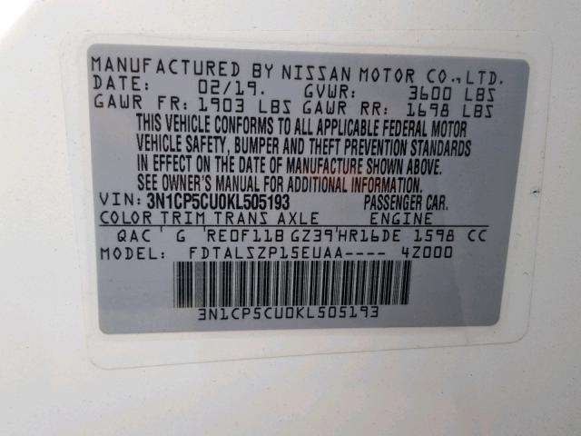 3N1CP5CU0KL505193 - 2019 NISSAN KICKS S WHITE photo 10