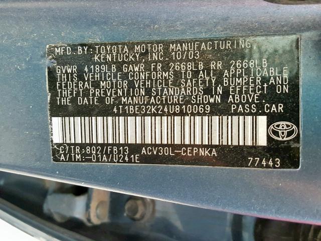 4T1BE32K24U810069 - 2004 TOYOTA CAMRY LE  photo 10
