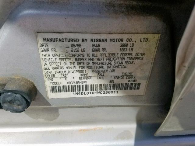 1N4DL01D1WC256011 - 1998 NISSAN ALTIMA XE SILVER photo 10