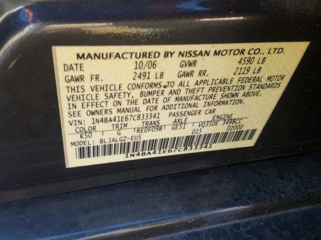 1N4BA41E67C833341 - 2007 NISSAN MAXIMA SE GRAY photo 10