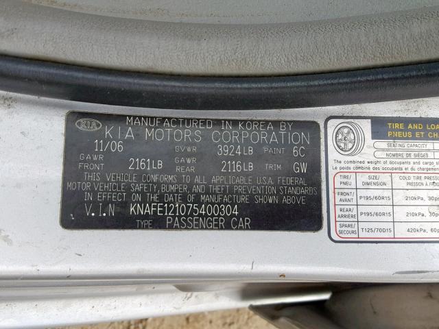 KNAFE121075400304 - 2007 KIA SPECTRA EX SILVER photo 10