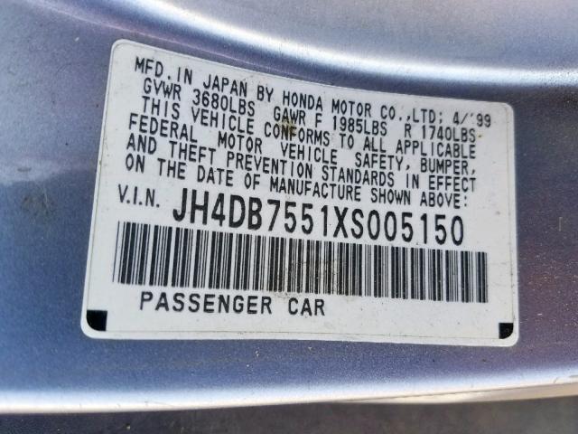 JH4DB7551XS005150 - 1999 ACURA INTEGRA LS GRAY photo 10