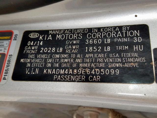 KNADM4A39E6405099 - 2014 KIA RIO LX SILVER photo 10