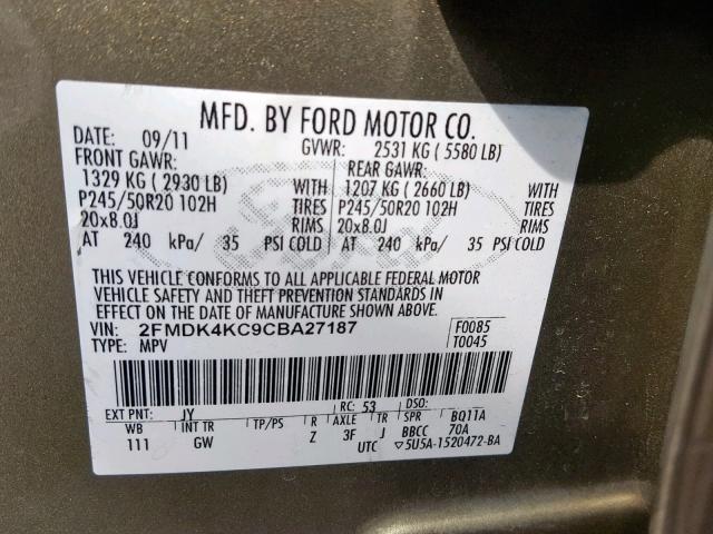 2FMDK4KC9CBA27187 - 2012 FORD EDGE LIMIT GREEN photo 10