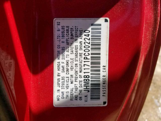 JHMBB1171PC002240 - 1993 HONDA PRELUDE SR RED photo 10