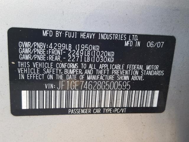 JF1GE74628G500595 - 2008 SUBARU IMPREZA WR SILVER photo 10