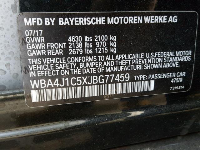 WBA4J1C5XJBG77459 - 2018 BMW 430I GRAN BLACK photo 10