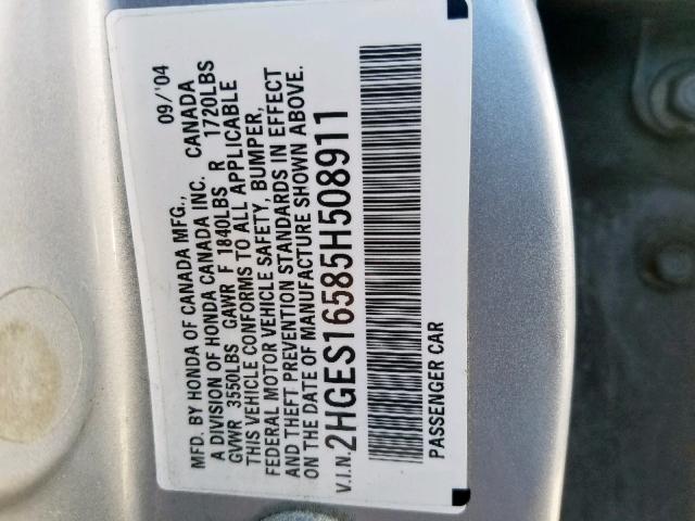 2HGES16585H508911 - 2005 HONDA CIVIC LX SILVER photo 10