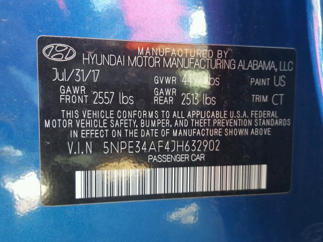 5NPE34AF4JH632902 - 2018 HYUNDAI SONATA SPO BLUE photo 10