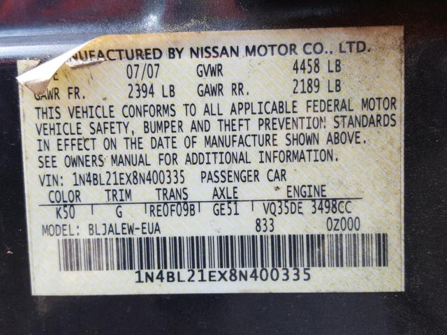 1N4BL21EX8N400335 - 2008 NISSAN ALTIMA 3.5 GRAY photo 10