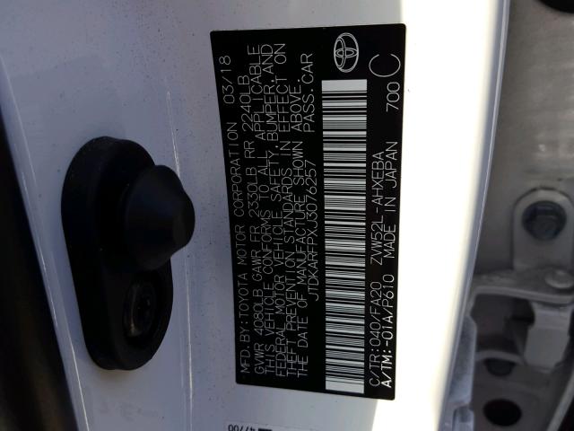 JTDKARFPXJ3076257 - 2018 TOYOTA PRIUS PRIM 白色 照片 10