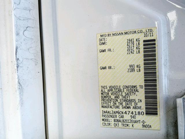 1N4AL2AP6CN474180 - 2012 NISSAN ALTIMA BAS WHITE photo 10