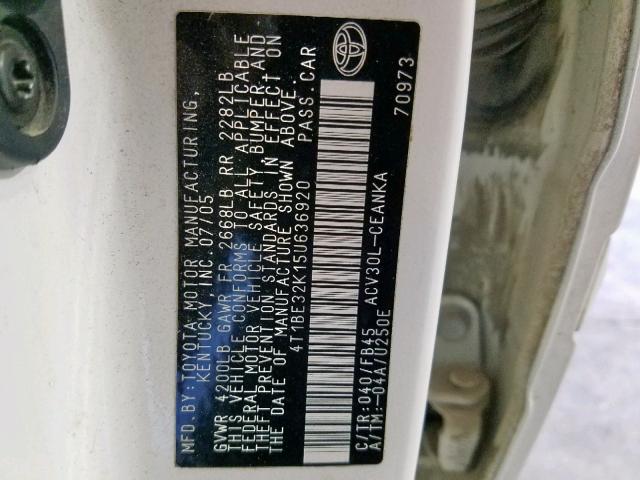 4T1BE32K15U636920 - 2005 TOYOTA CAMRY LE WHITE photo 10