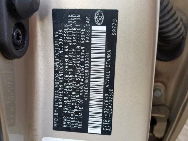 4T4BE46K09R100634 - 2009 TOYOTA CAMRY BASE GOLD photo 10