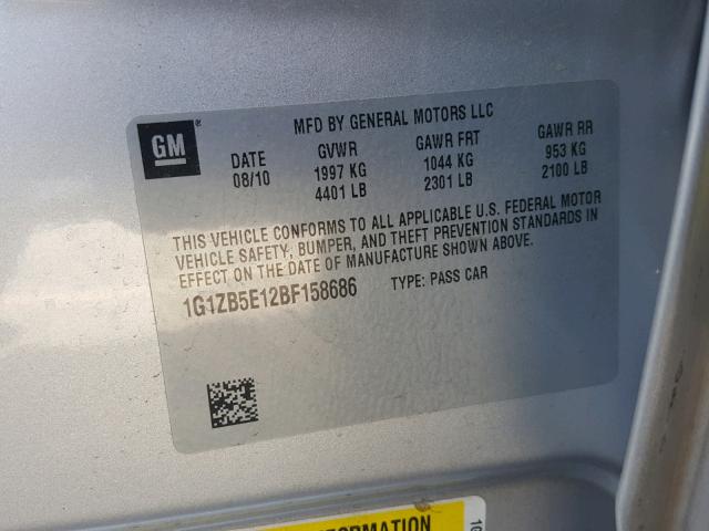 1G1ZB5E12BF158686 - 2011 CHEVROLET MALIBU LS 银色 照片 10