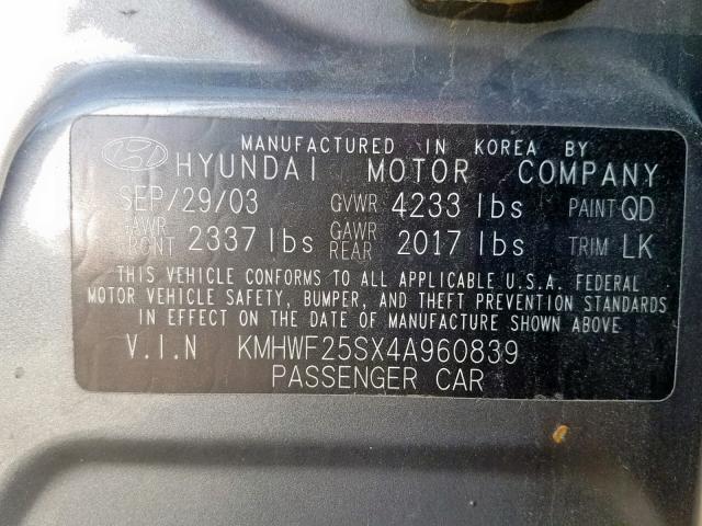 KMHWF25SX4A960839 - 2004 HYUNDAI SONATA GL GRAY photo 10