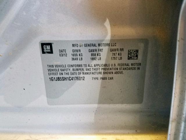 1G1JB5SH1C4176012 - 2012 CHEVROLET SONIC LS SILVER photo 10