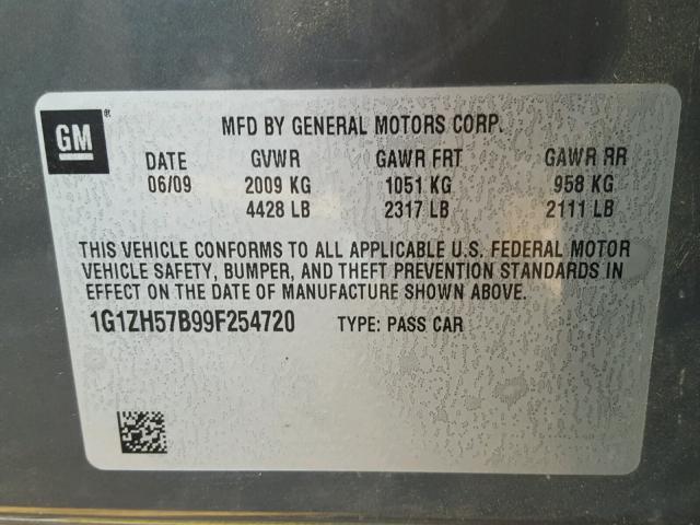 1G1ZH57B99F254720 - 2009 CHEVROLET MALIBU 1LT GRAY photo 10