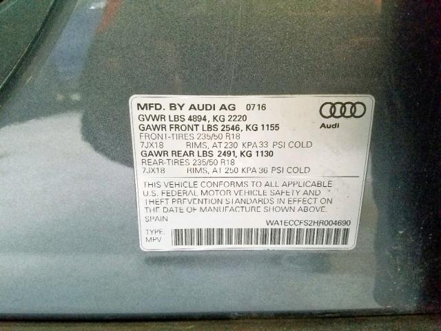 WA1ECCFS2HR004690 - 2017 AUDI Q3 PREMIUM GRAY photo 10