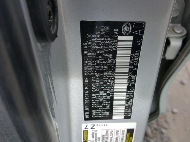 2T1KR32EX6C617946 - 2006 TOYOTA COROLLA MA SILVER photo 10