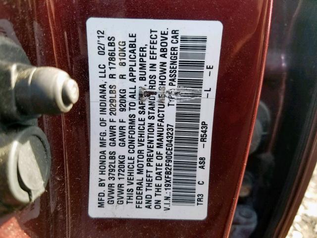 19XFB2F90CE043237 - 2012 HONDA CIVIC EXL 勃艮第红 照片 10