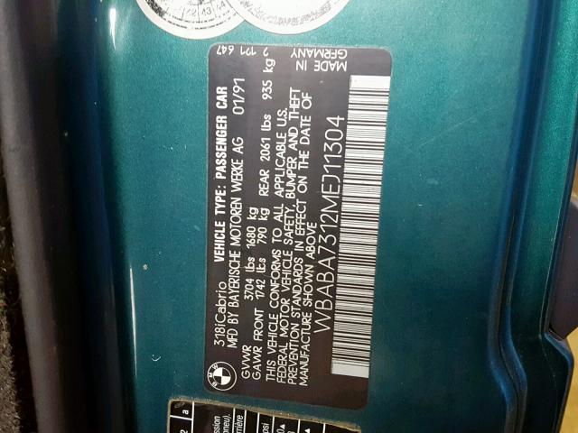 WBABA7312MEJ11304 - 1991 BMW 318 I GREEN photo 10