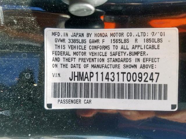 JHMAP11431T009247 - 2001 HONDA S2000 BLACK photo 10