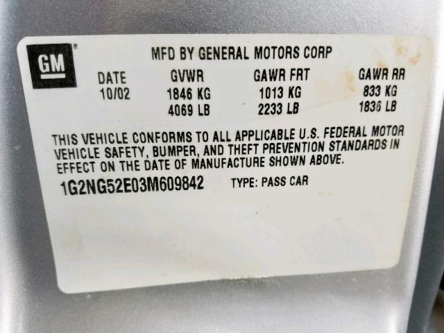 1G2NG52E03M609842 - 2003 PONTIAC GRAND AM S SILVER photo 10