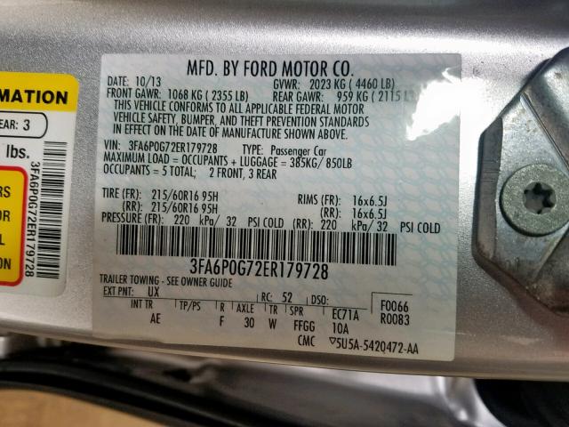 3FA6P0G72ER179728 - 2014 FORD FUSION S SILVER photo 10