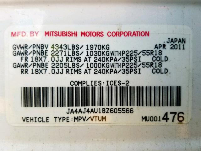 JA4AJ4AU1BZ605566 - 2011 MITSUBISHI RVR GT WHITE photo 10